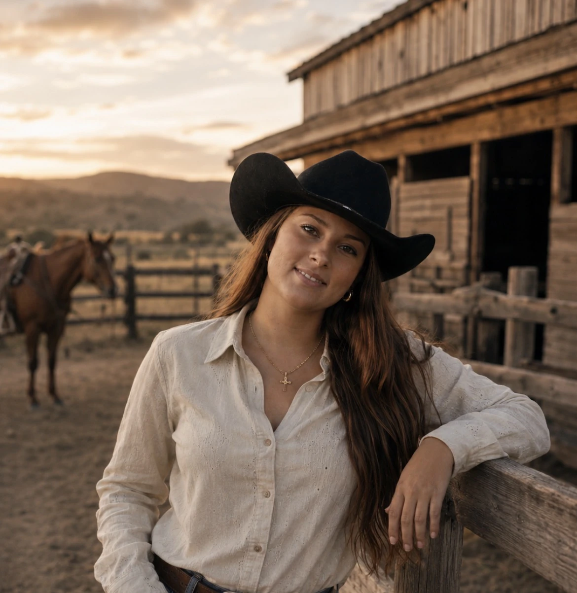 Ronja ler och lutar sig mot ett trästaket. I bakgrunden syns en byggnad i western-stil och en häst under ett mjukt och varmt ljus.